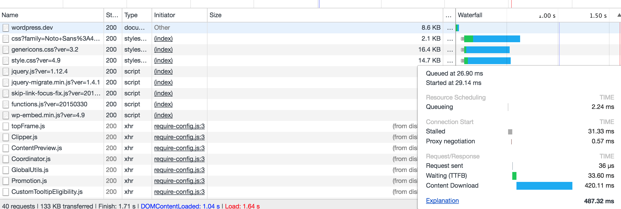 Chrome DevTools Network 面板查看文件加载时间线