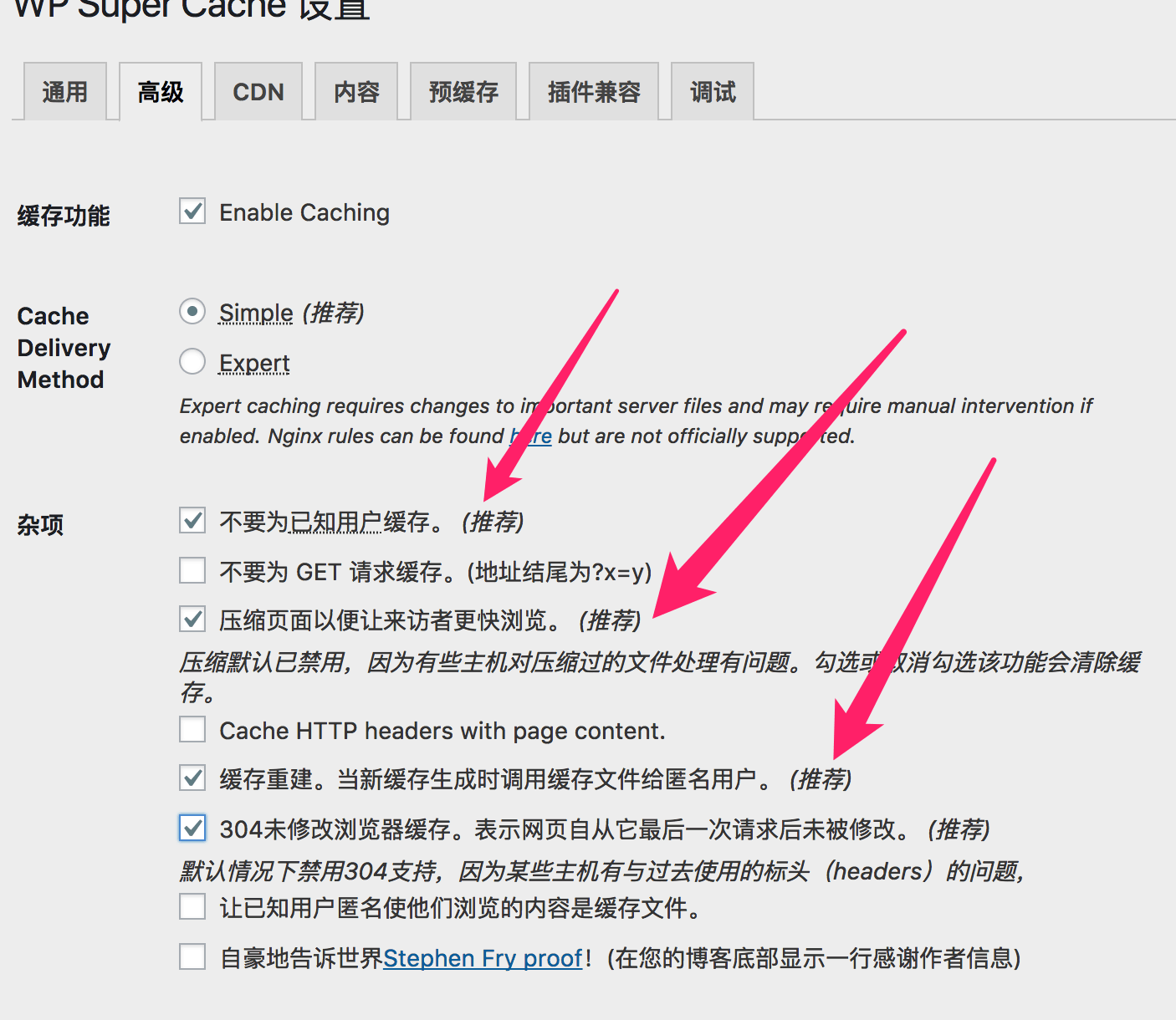 WP Super Cache 高级选项卡勾选推荐选项