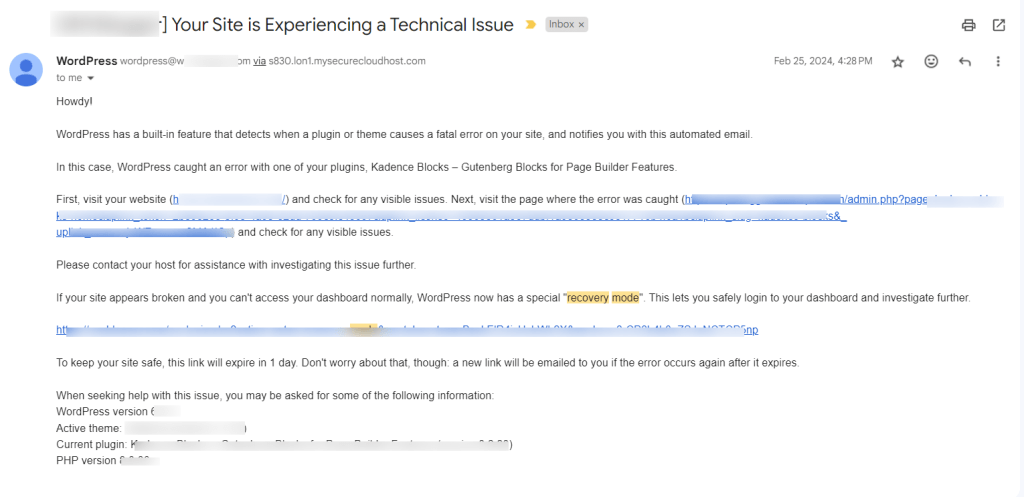 WordPress 恢复模式邮件示例