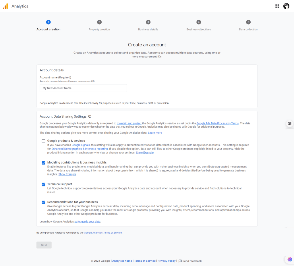 Google Analytics 账号创建页面