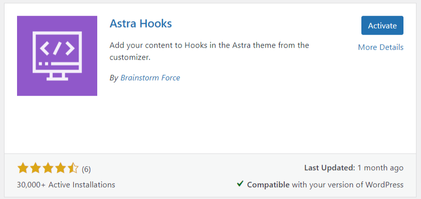 WordPress 中的 Astra Hook 插件页面
