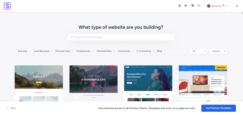 WordPress 后台的 Astra 入门模板选择页