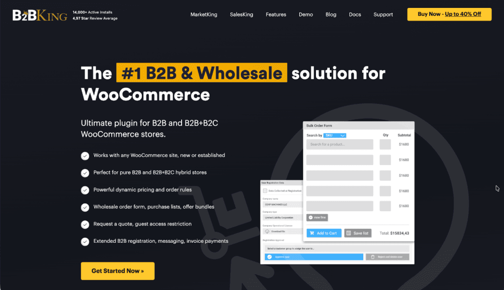 B2BKing 首页：展示 WooCommerce 批发解决方案、功能亮点和批量下单表单预览