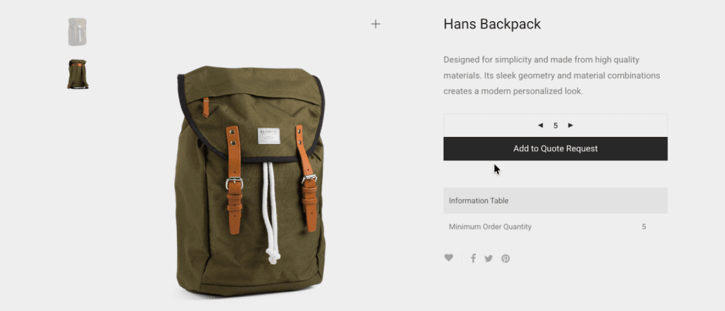Hans 背包产品页：绿色背包和加入报价申请按钮，最低订购量为 5