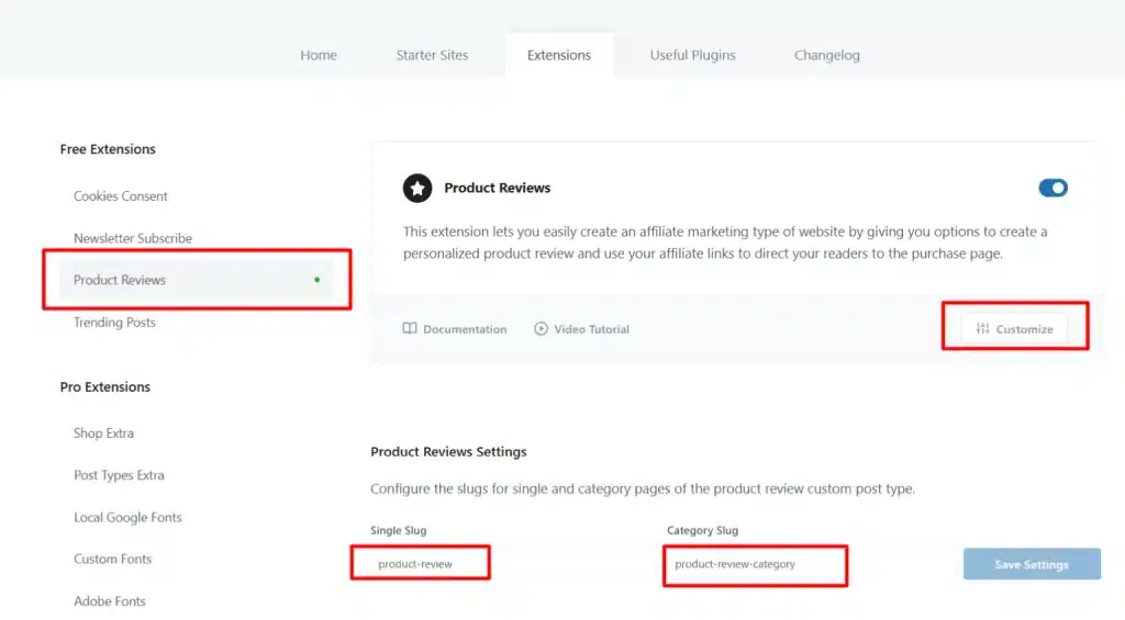Blocksy 主题扩展仪表盘:产品评测设置,可配置单页和分类 URL 别名