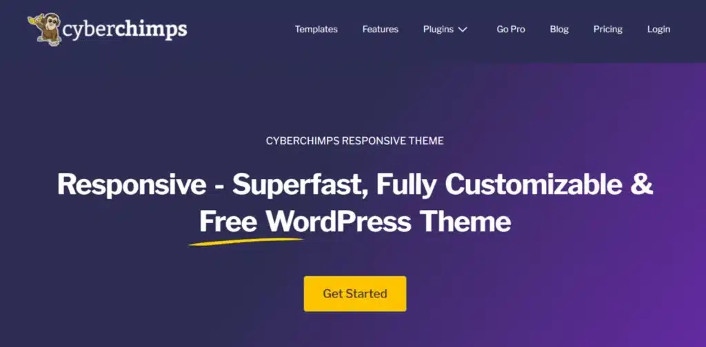 CyberChimps 落地页：紫色背景，号召下载其响应式免费 WordPress 主题