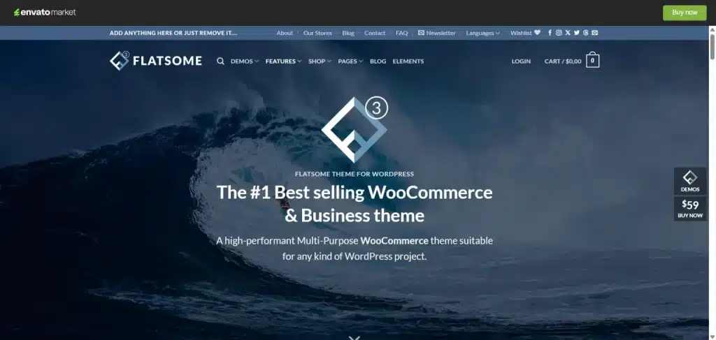 Flatsome 主题在 Envato Market 的落地页：巨大的海浪背景和 WooCommerce 品牌标识