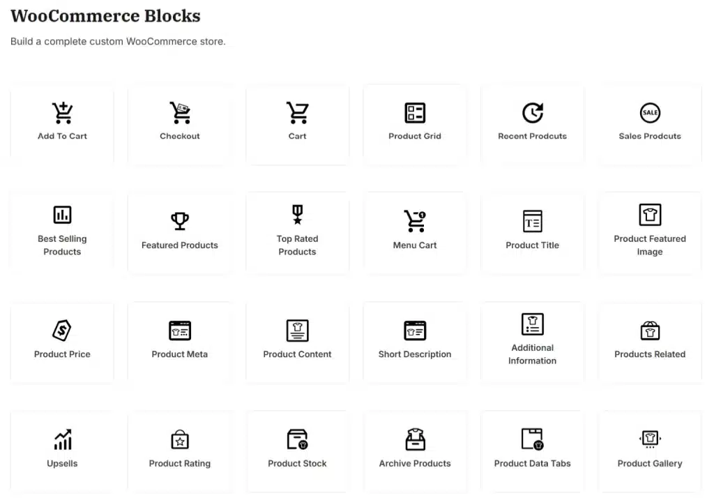 SeedProd WooCommerce 区块库：显示结账、产品、购物车和商店元素图标