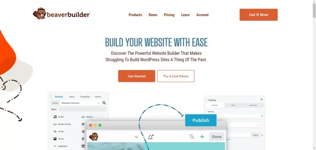 Beaver Builder 首页：笔记本电脑插图和构建 WordPress 网站的界面模块