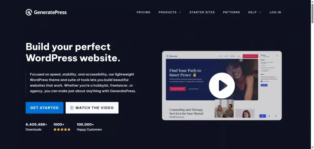 GeneratePress 首页：深色背景，号召下载轻量 WordPress 主题和站点库