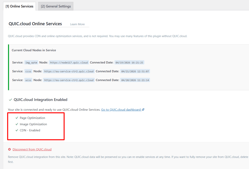 WordPress 仪表盘显示已启用页面优化、图片优化和 CDN 的 QUIC.cloud 在线服务集成