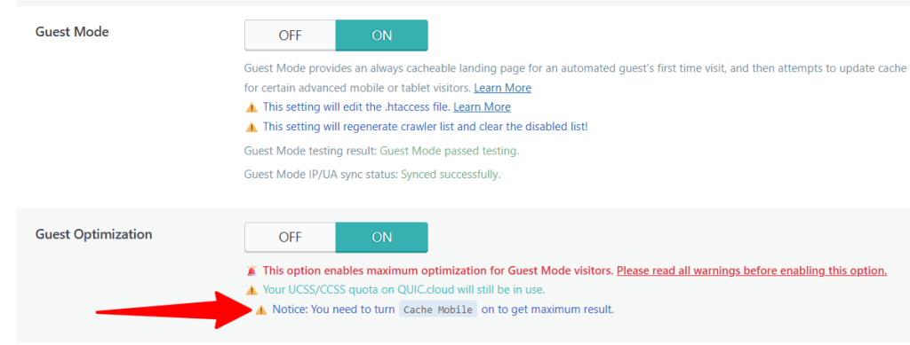 WordPress 仪表盘显示已启用 LiteSpeed Cache 访客模式和访客优化设置，并提示开启移动端缓存以获得最大效果