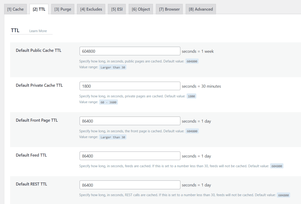 WordPress 仪表盘显示默认公共缓存、私有缓存和首页的 LiteSpeed Cache TTL 设置