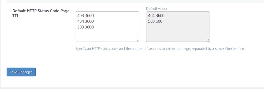 WordPress 仪表盘显示默认 HTTP 状态码页面 TTL 设置，包含 403、404 和 500 错误页面的自定义值