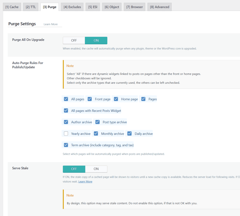 WordPress 仪表盘显示 LiteSpeed Cache 清除设置，所有页面、归档和首页的自动清除规则已启用
