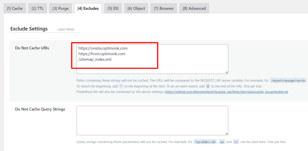 WordPress 仪表盘显示 LiteSpeed Cache 排除设置，OptiMonk URL 和 sitemap 索引已加入不缓存 URI 列表
