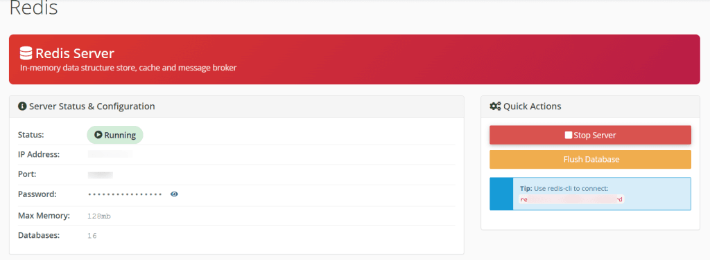 cPanel Redis Server 界面：显示运行状态，可停止服务器和清空数据库