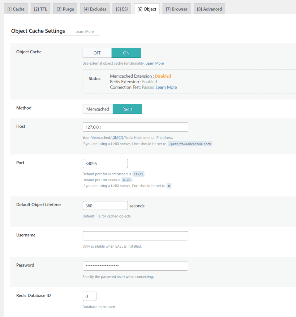 WordPress 仪表盘显示 LiteSpeed Cache 对象缓存设置：Redis 方法已启用，显示连接状态和数据库配置
