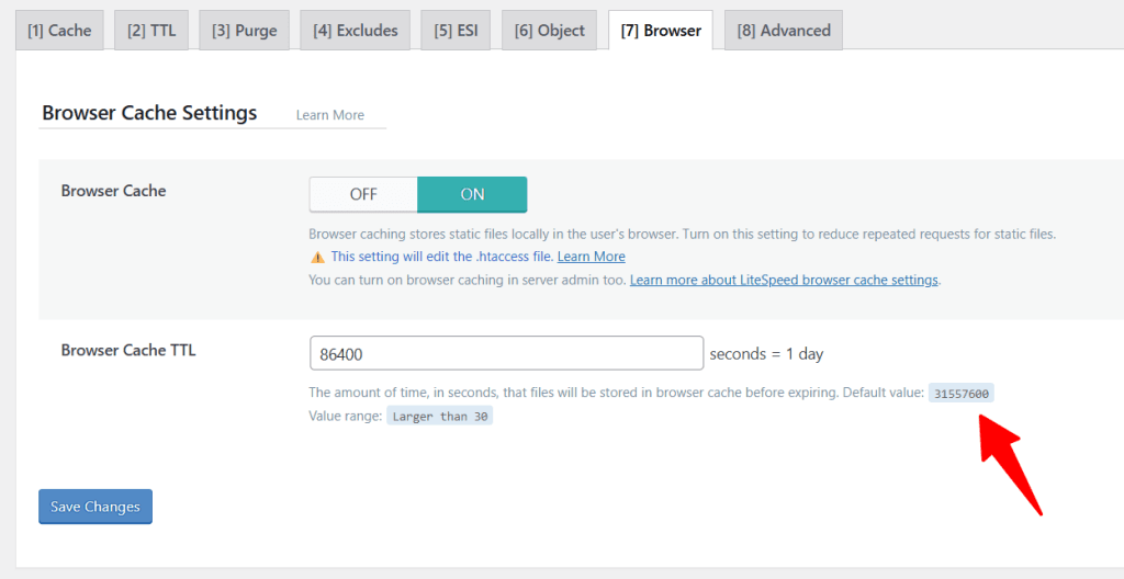WordPress 仪表盘显示 LiteSpeed Cache 浏览器缓存设置：开关已打开，红框标出配置区域