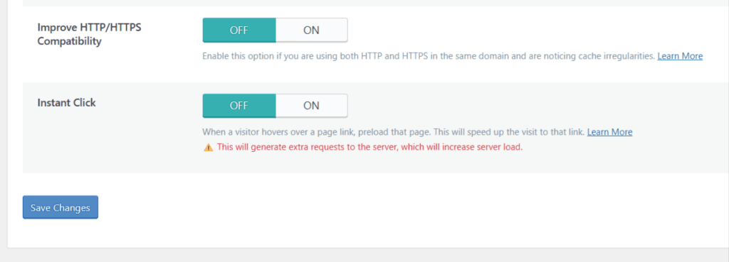 WordPress 仪表盘显示 LiteSpeed Cache 高级设置：HTTP/HTTPS 兼容性改进和即时点击链接预加载
