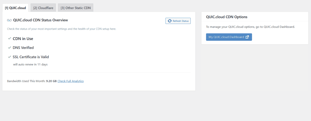 QUIC.cloud CDN 状态概览：CDN 使用中、DNS 已验证、SSL 证书有效