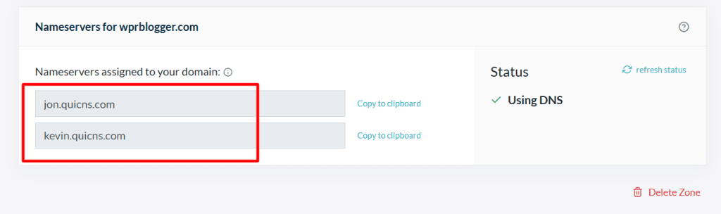 QUIC.cloud 用户仪表盘显示分配的 nameserver：jon.quicns.com 和 kevin.quicns.com