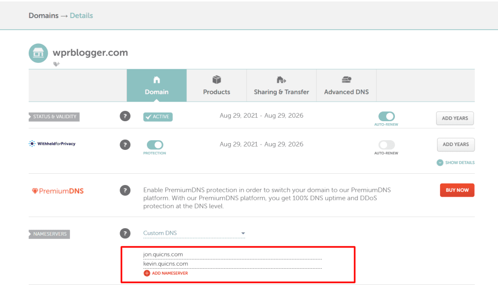 wordpresszhinan.com 域名仪表盘：Namecheap 界面下显示自定义 nameserver jon.quicns.com 和 kevin.quicns.com