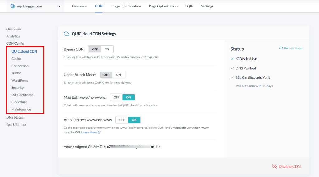 wordpresszhinan.com 的 QUIC.cloud CDN 设置仪表盘：绕过 CDN、受攻击模式和 www-非 www 重定向配置