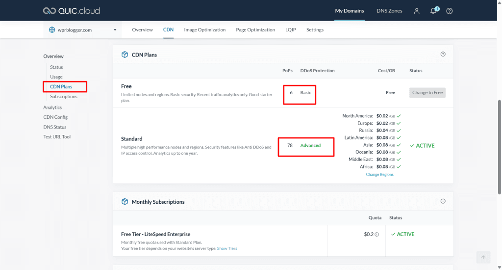 QUIC.cloud CDN 套餐仪表盘：对比 6 个 PoP 的免费方案和 78 个高级 PoP 的 Standard 方案及区域定价