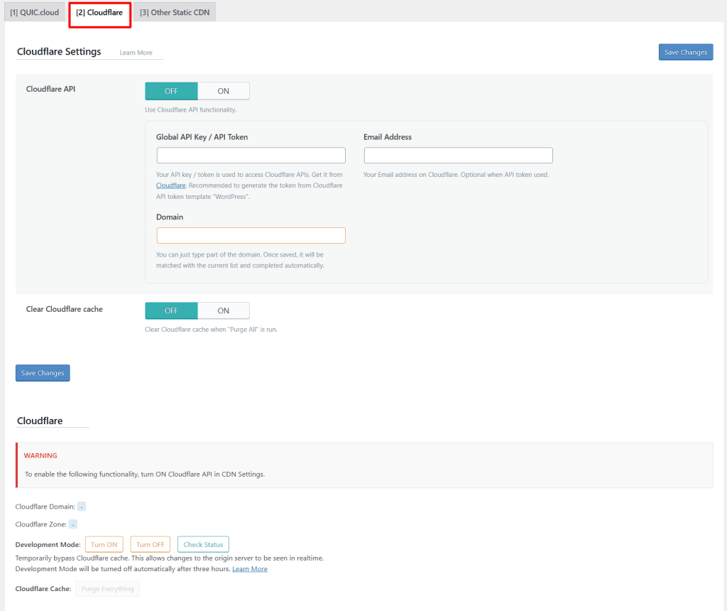 LiteSpeed Cache Cloudflare API 设置：Global API Key、邮箱地址和域名字段