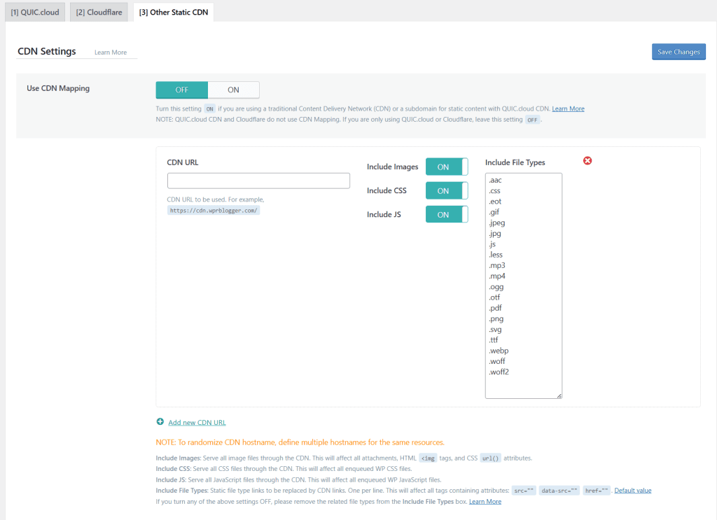 LiteSpeed Cache 其他静态 CDN 设置：CDN Mapping、CDN URL 字段和包含的文件类型