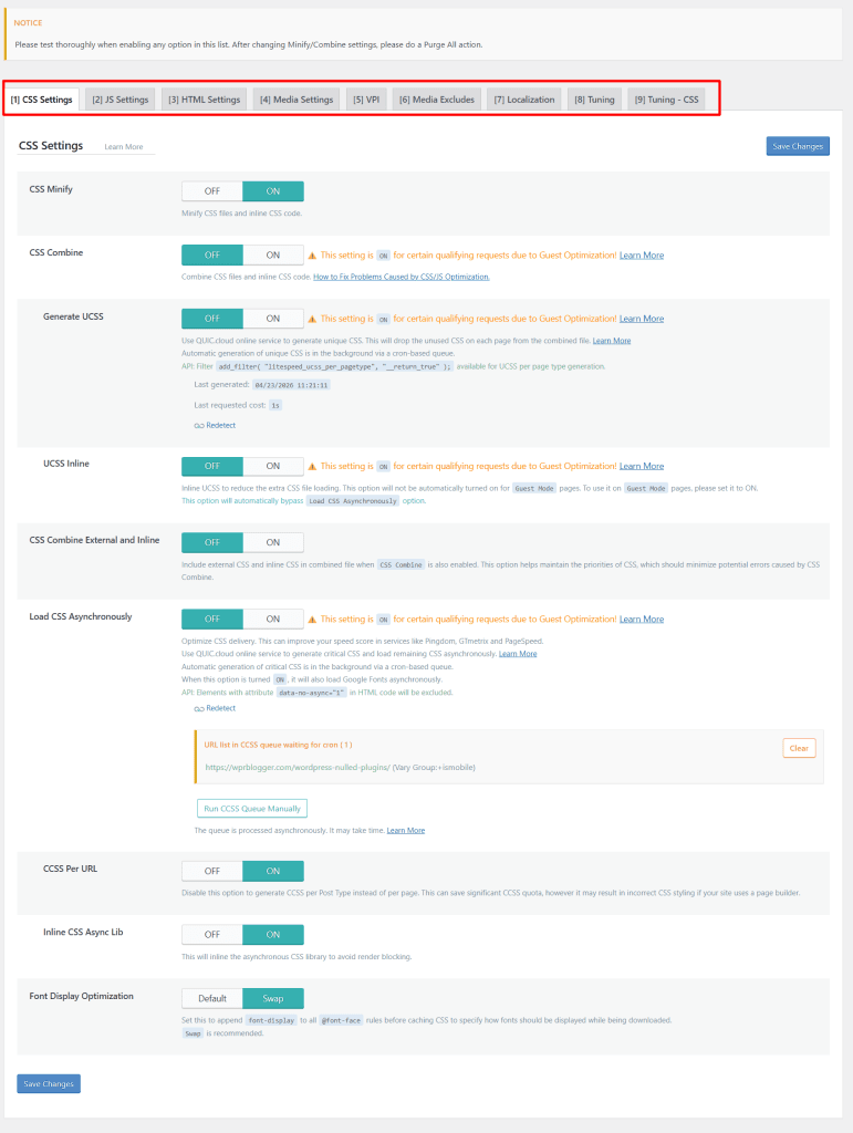 LiteSpeed Cache 页面优化 CSS 设置：启用 Minify、Combine 和生成 UCSS