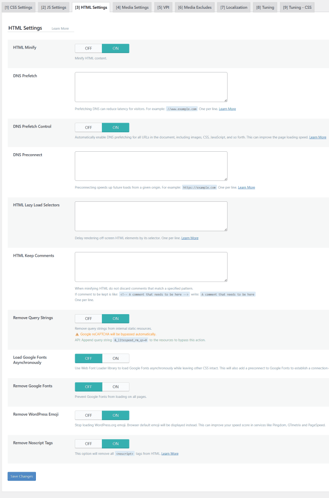 LiteSpeed Cache 页面优化 HTML 设置：启用 HTML Minify，以及移除 Emoji 和查询字符串等选项