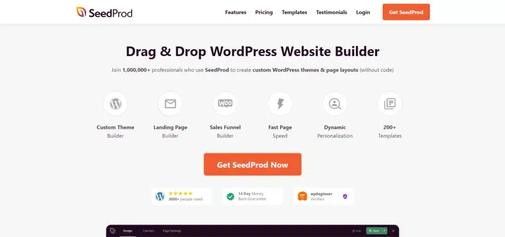 SeedProd 落地页:拖拽式 WordPress 网站构建器,包含主题构建、落地页和销售漏斗图标