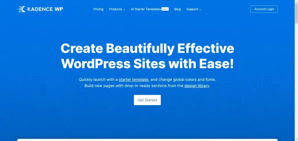 Kadence WP 落地页:蓝色背景,号召构建 WordPress 网站