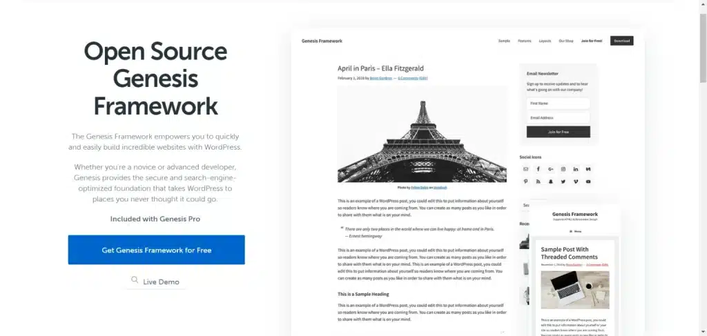Genesis Framework 首页:极简 WordPress 主题布局和埃菲尔铁塔博客文章示例