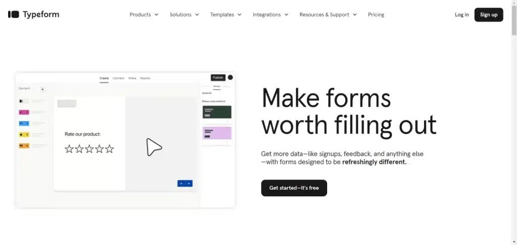 Typeform 首页:产品评分调查界面和令人耳目一新的表单行动号召