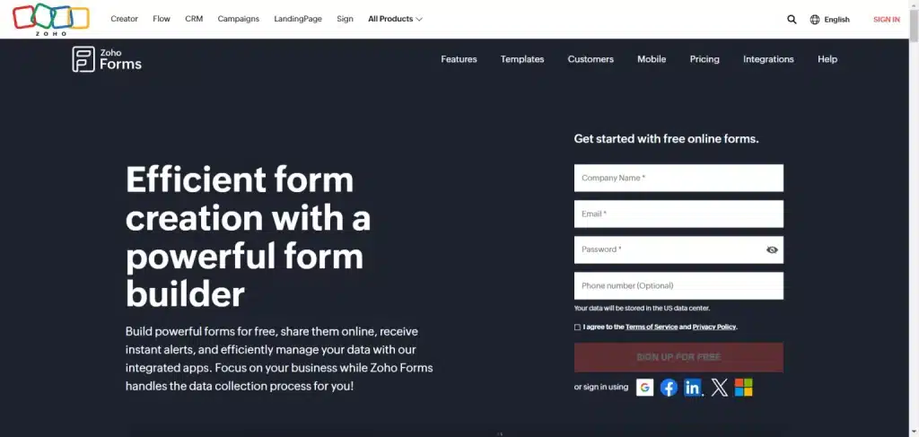 Zoho Forms 首页:高效表单创建标题和免费在线表单注册表单