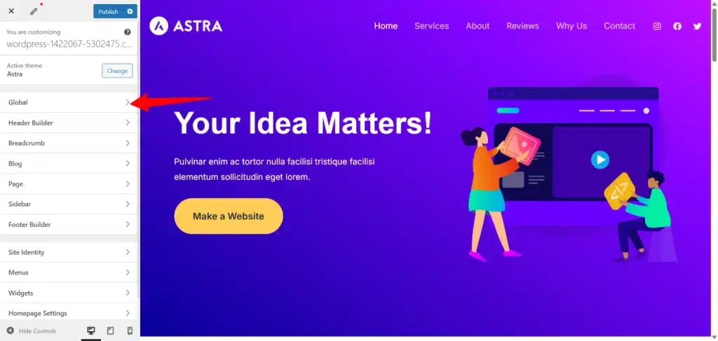 Astra 主题 WordPress 自定义器:红色箭头高亮显示全局设置选项