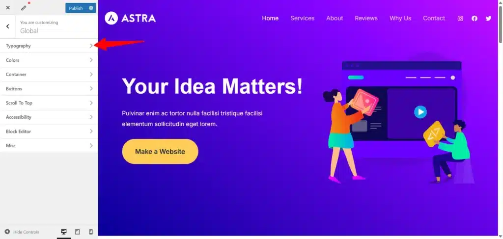 Astra 主题全局设置面板:红色箭头高亮显示排版选项