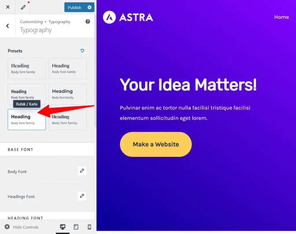 Astra 主题排版自定义器:显示预设字体配对选项,悬停提示显示 Rubik 和 Karla 字体组合