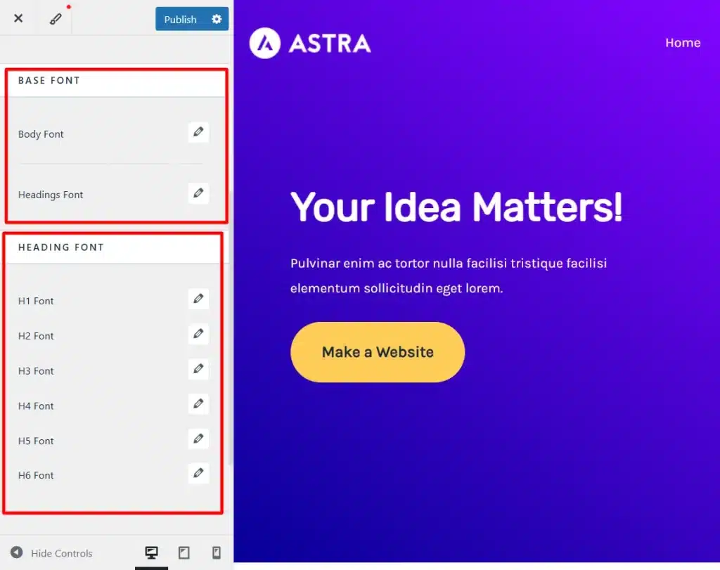 Astra 主题排版设置:显示基础字体和标题字体选项,可单独定制 H1 到 H6 字体样式