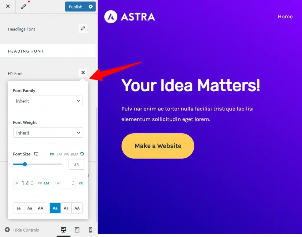 Astra 主题 H1 字体自定义面板:字体族、字重、大小、行高和文本转换控制