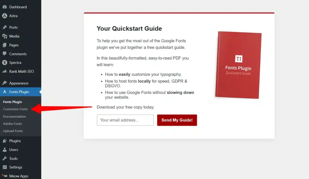 WordPress 仪表盘中的 Olympus Google Fonts 插件菜单:红色箭头高亮显示 Customize Fonts 选项