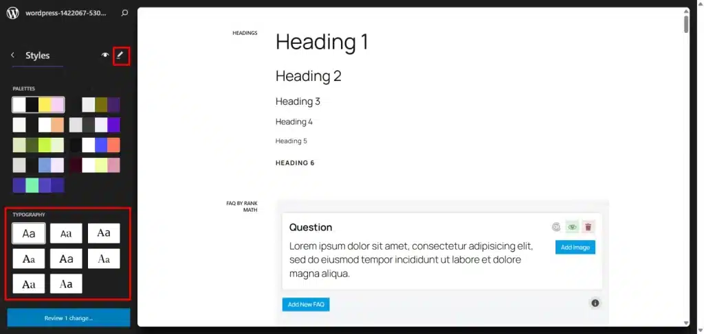 WordPress 全站编辑器 Styles 面板:显示主题定制的调色板和排版字体族预设