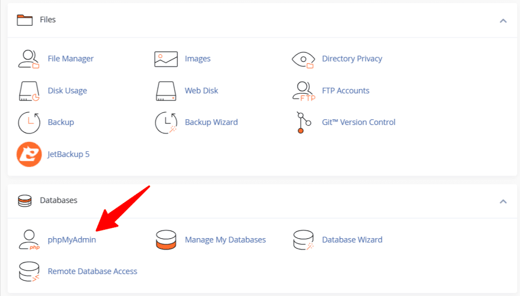 cPanel 中的 WordPress PhpMyAdmin