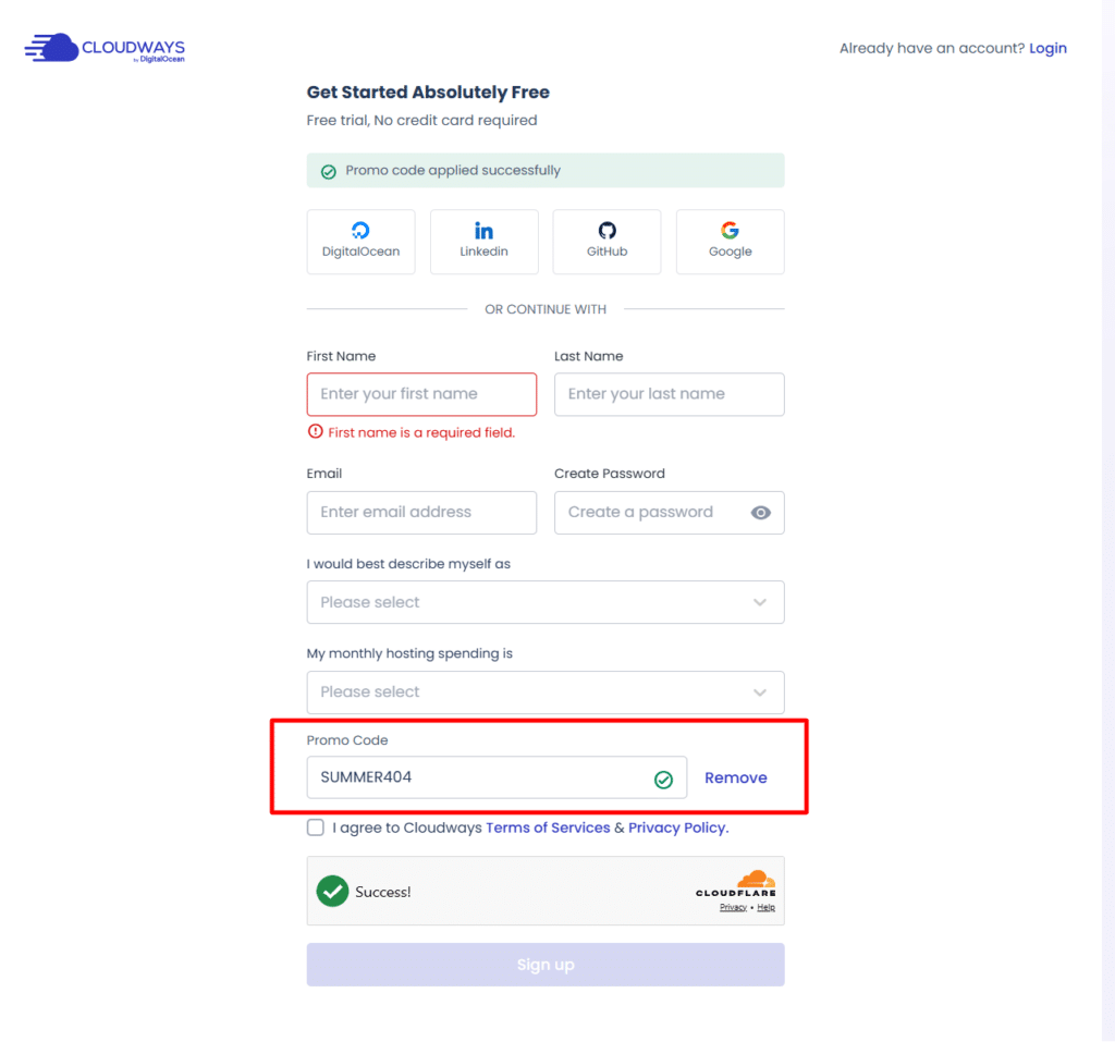 Cloudways 注册页面：高亮显示促销码字段，折扣码 SUMMER404 应用成功