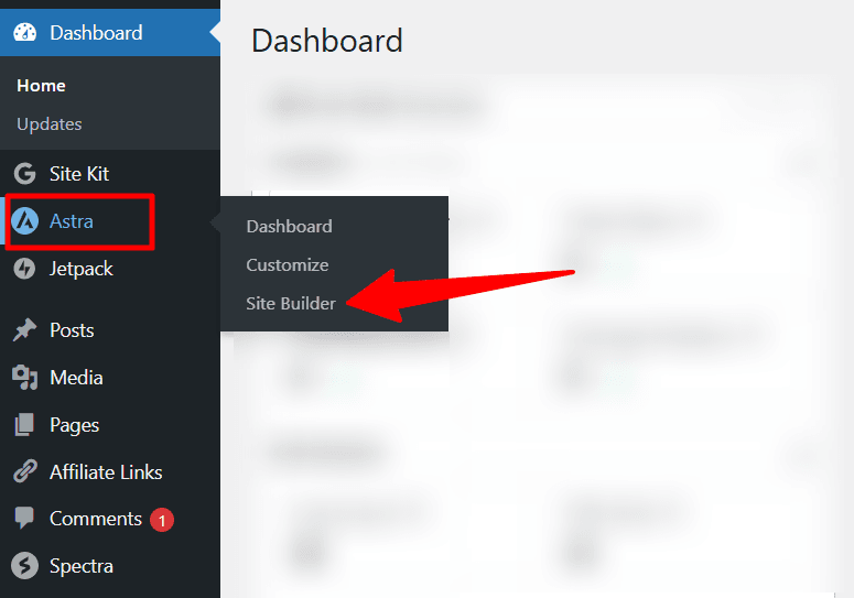 WordPress 仪表盘中的 Astra Site Builder 链接