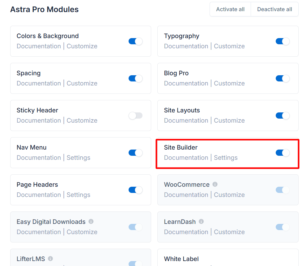 Astra Pro 主题中的 Site Builder 模块