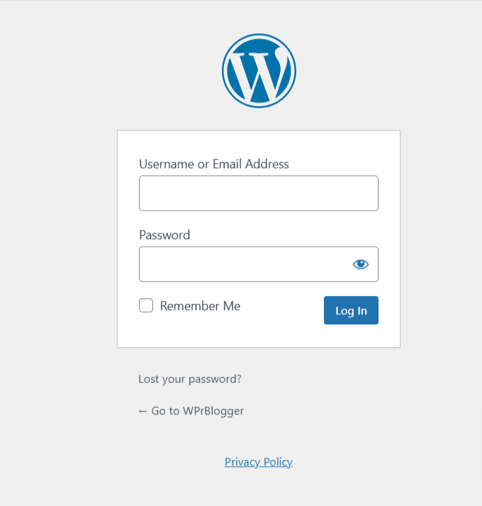 WordPress 管理员登录页面:用户名/邮箱和密码字段,带记住我复选框和登录按钮